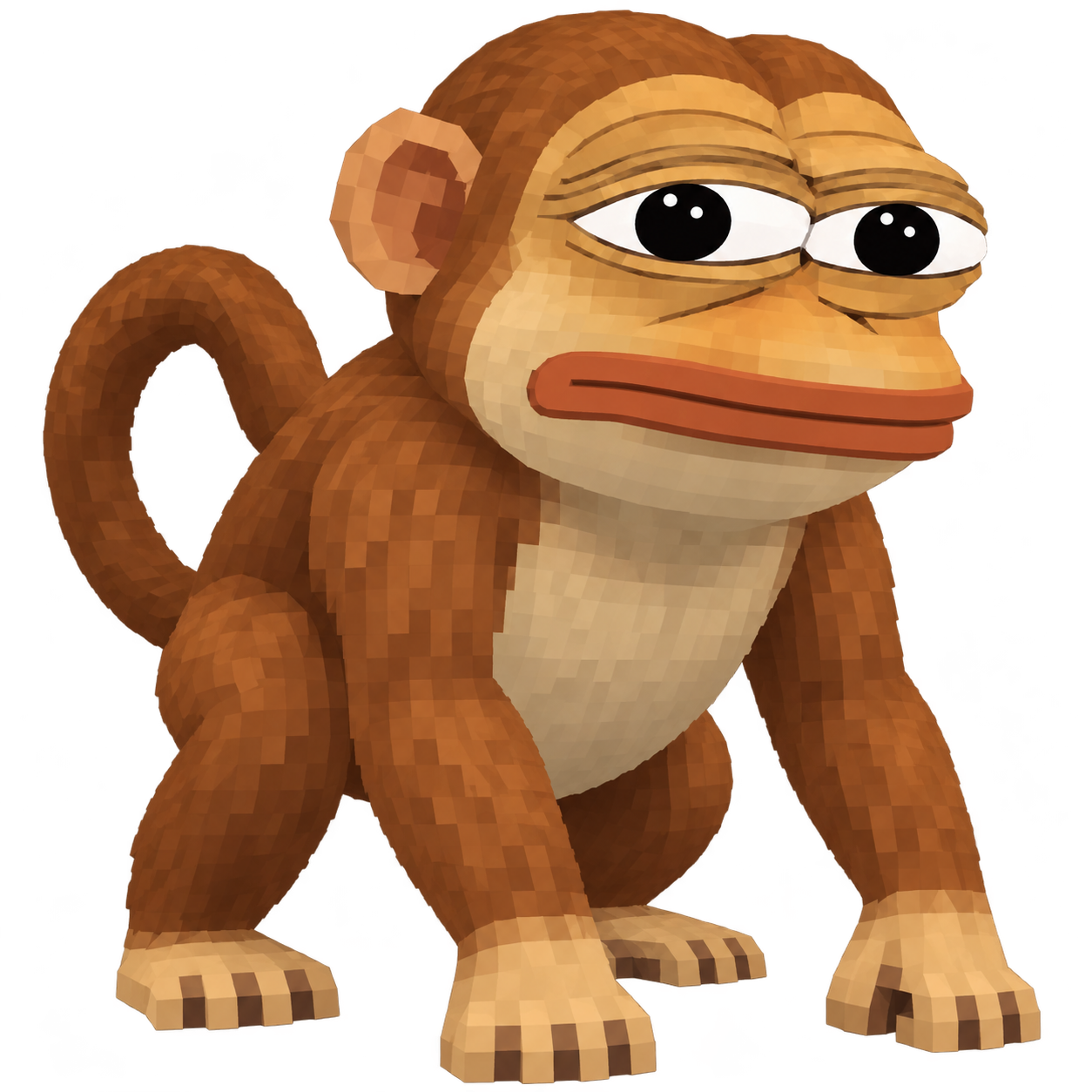 Ape Pepe, a sleepy-eyed golden-brown low-poly ape