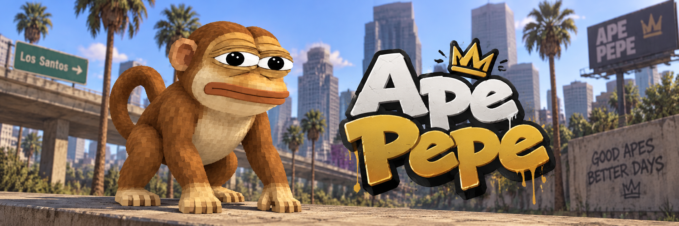 Ape Pepe in his sunny neighborhood, with palm trees, city buildings and a graffiti sign